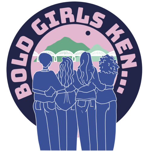 Bold girls ken logo four women hugging each other facing a bridge and mountains with the words Bold girls ken surrounding them.