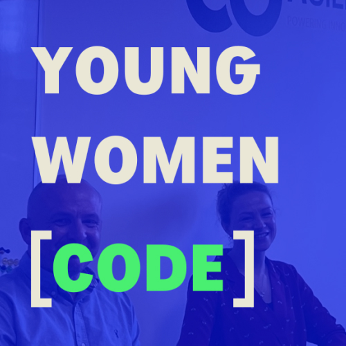 Young Women Code log, with a man and a woman are standing in front of a blue background that says young women code.