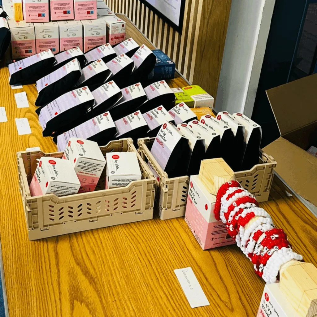Menstrual Health day stall, with period products.