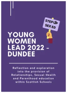 Step-up sex ED 2022 Dundee report cover, illustrated hand holding up a “ Step up sex ED” sign on purple background.