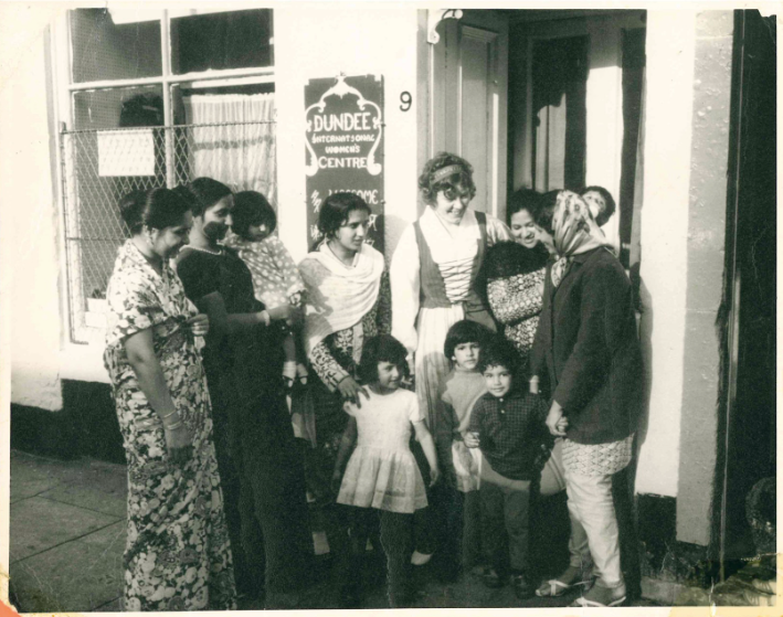 Black and white photo of a group of women outside a Dundee women's centre in 1970