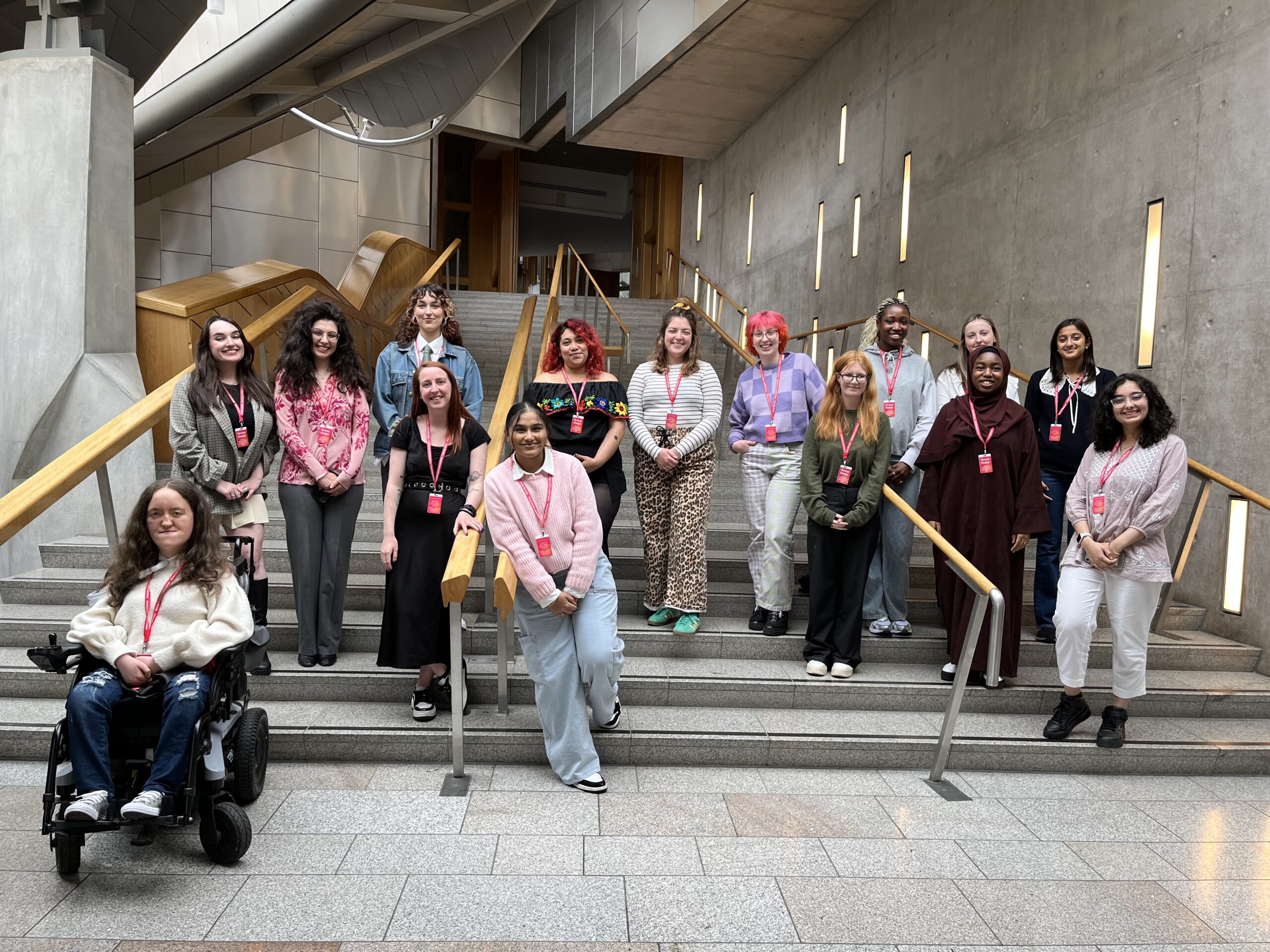 The Young Women 2024 cohort on the steps at Scottish Parliament