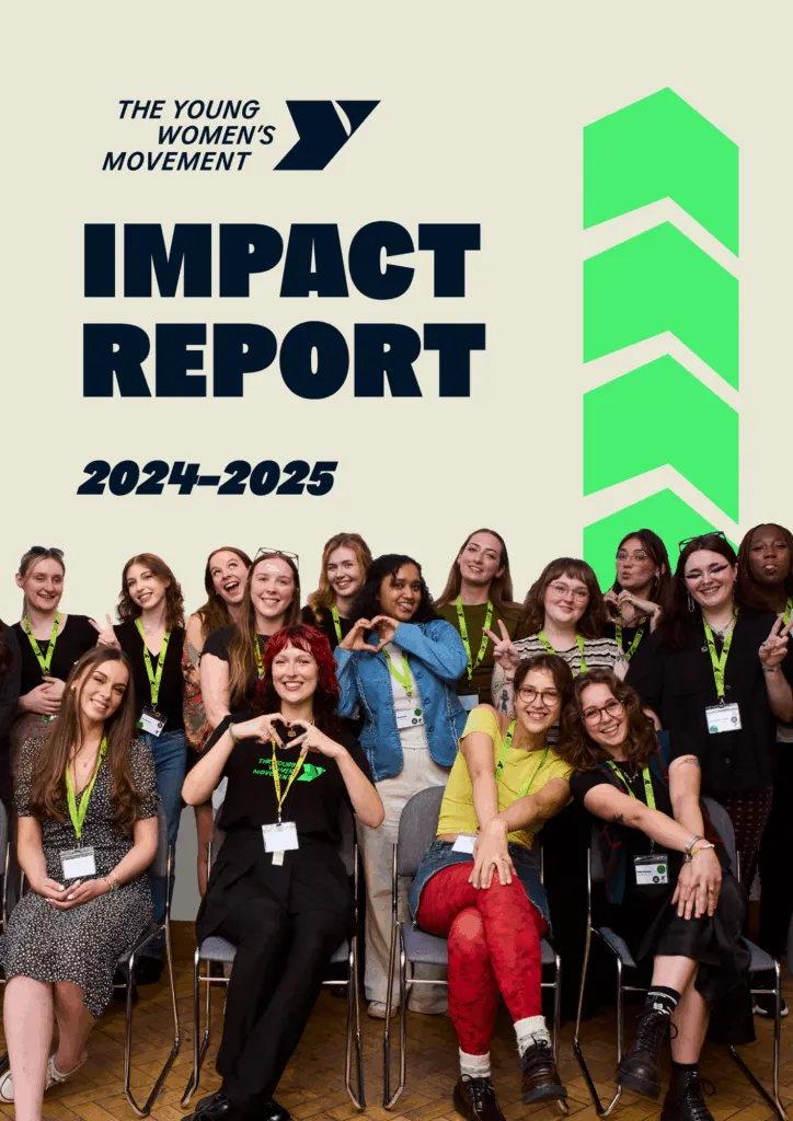 Front cover of The Young Women's Movement Impact Report 2024-25, with young women smiling in a group.