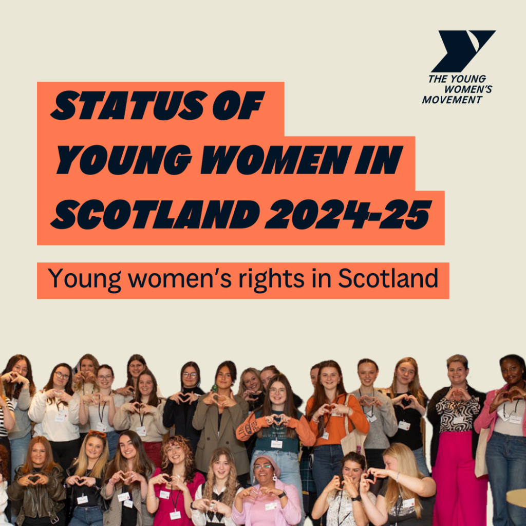 Status of Young WOmen in Scotland 2024, Young women's rights in Scotland. Photo of lots of young women making hearts with their hands