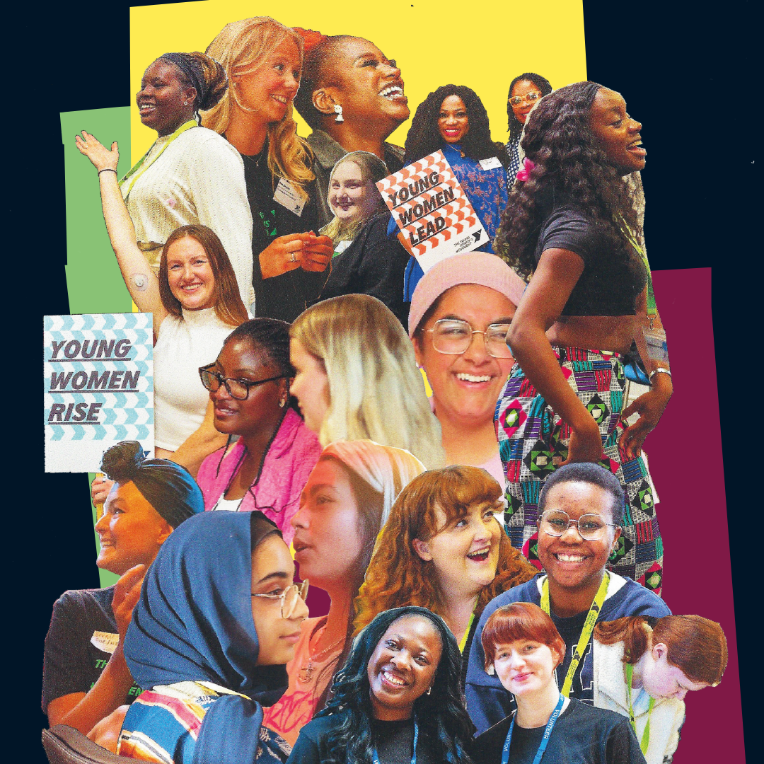 Collage of young women against coloured backgrounds
