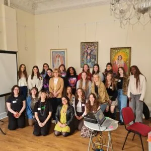 Group photo of the Young Women Lead cohort in Edinburgh at the Arthur Conan Doyle Centre