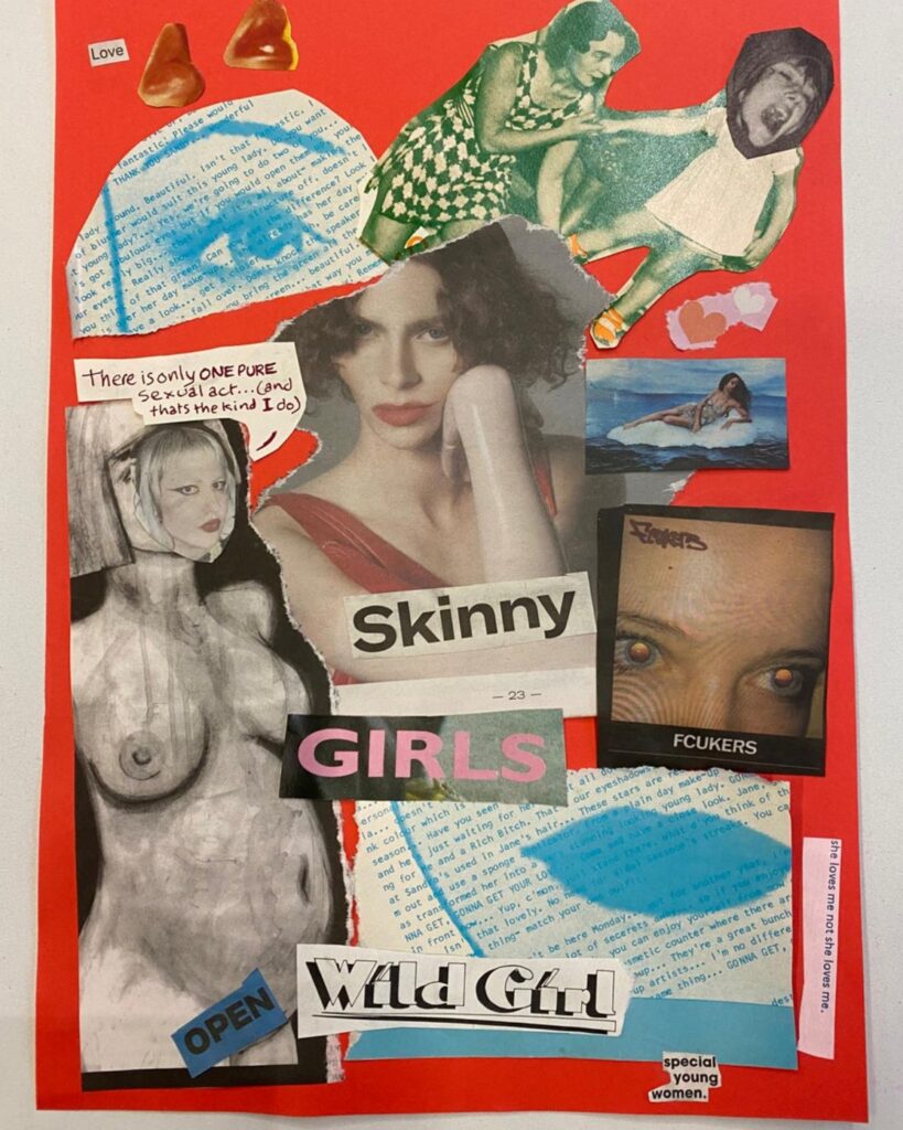 A collage created by a young woman leader with explicit images of women, including the words Skinny Girls cut out. 
