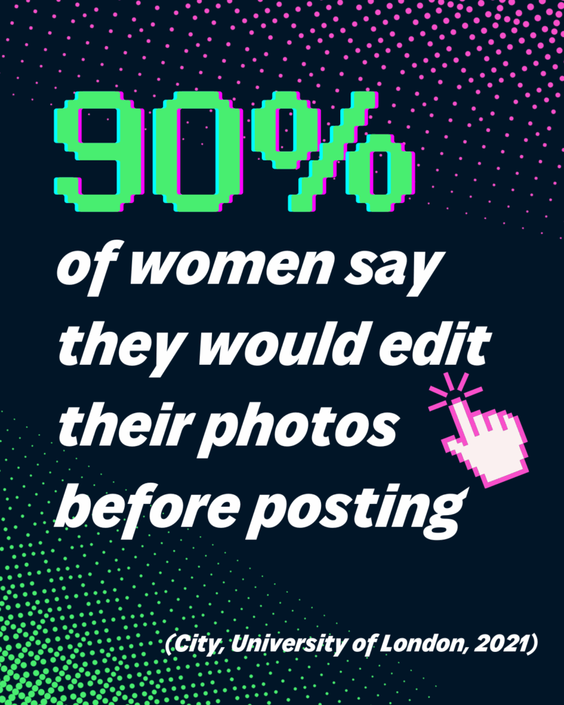 image says: 90% of women say they would edit their photos before posting