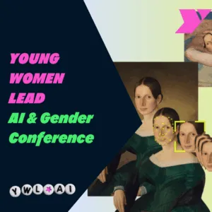 The collage shows 4 archival images of women. In these of the images, the women are nude. There is also one portrait of a woman with yellow shapes and bounding boxes on her face.