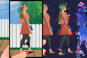 A picture of a young woman evolves into glitching pixels.