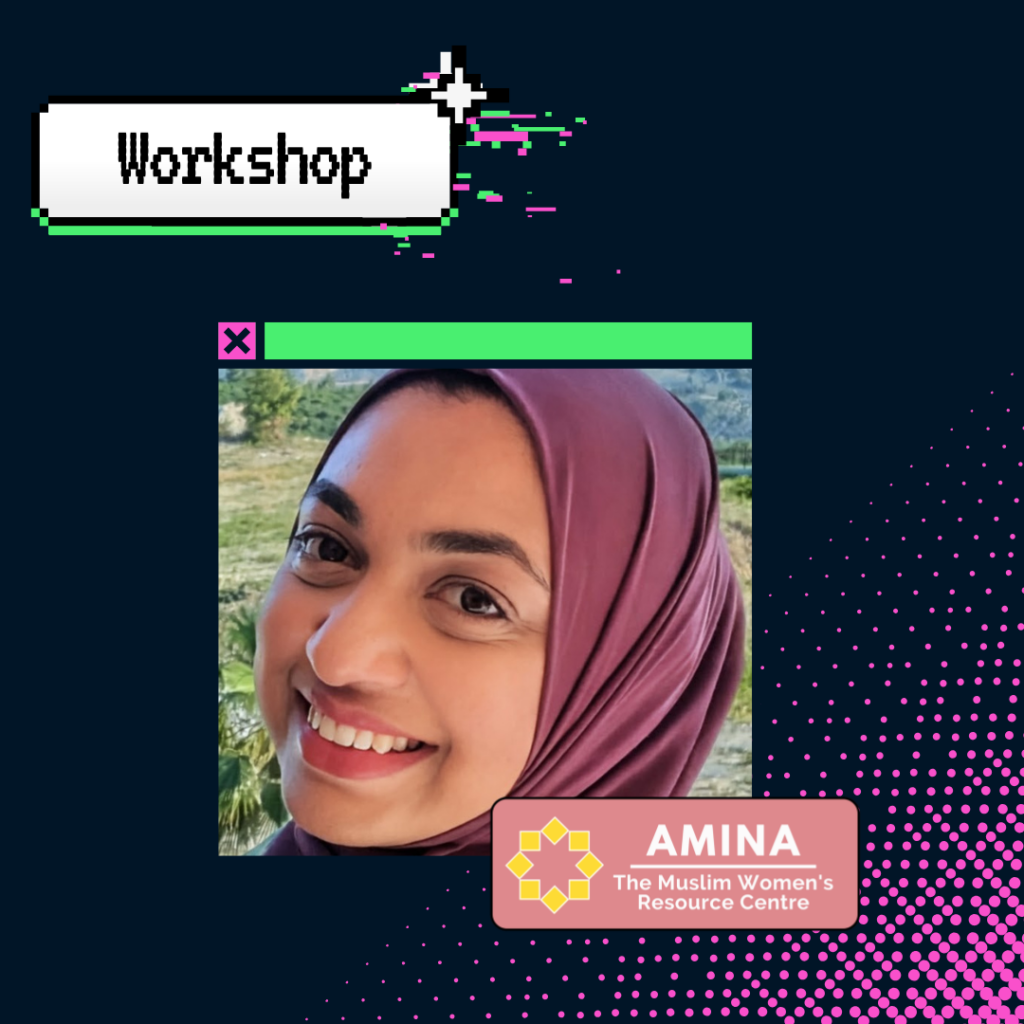 Safa is a Pakistani woman wearing a hijab. Below her is the logo for AMINA The Muslim Women's Resource Centre, which is pink.