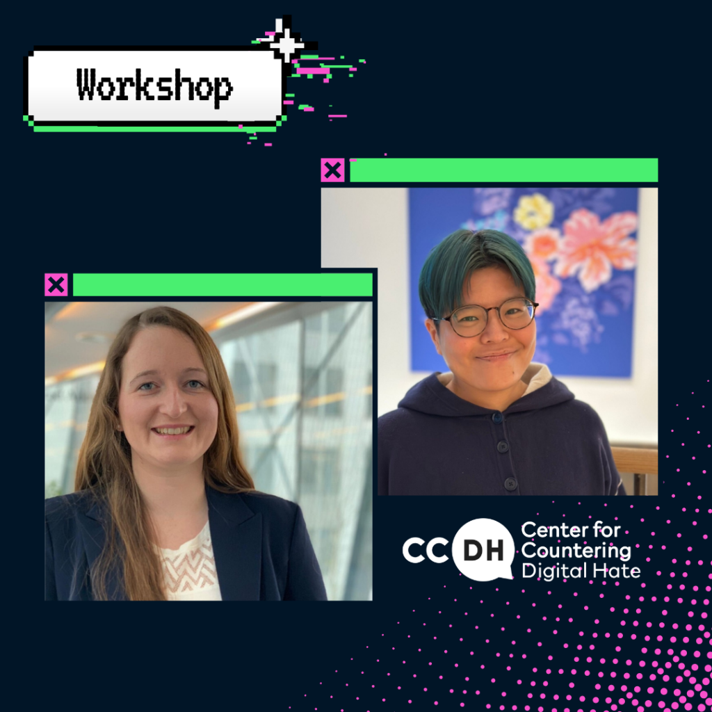 Risa is an Asian person with short blue hair and glasses. Laura is a white woman with long brown hair. Below them is the logo for Centre for Countering Digital Hate