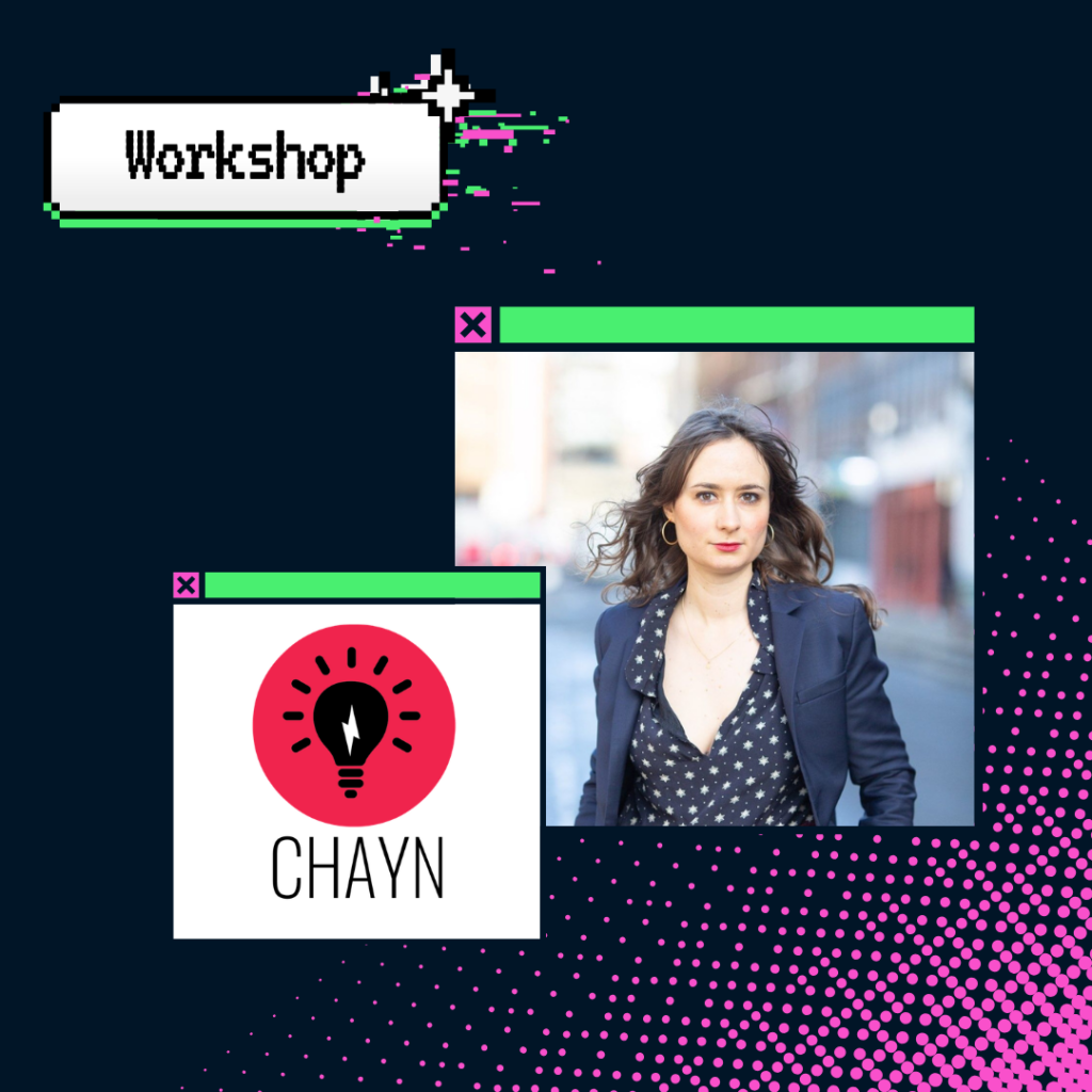 Eva is a white woman with dark hair wearing a suit. Next to her is the Chayn logo, a red lightbulb.
