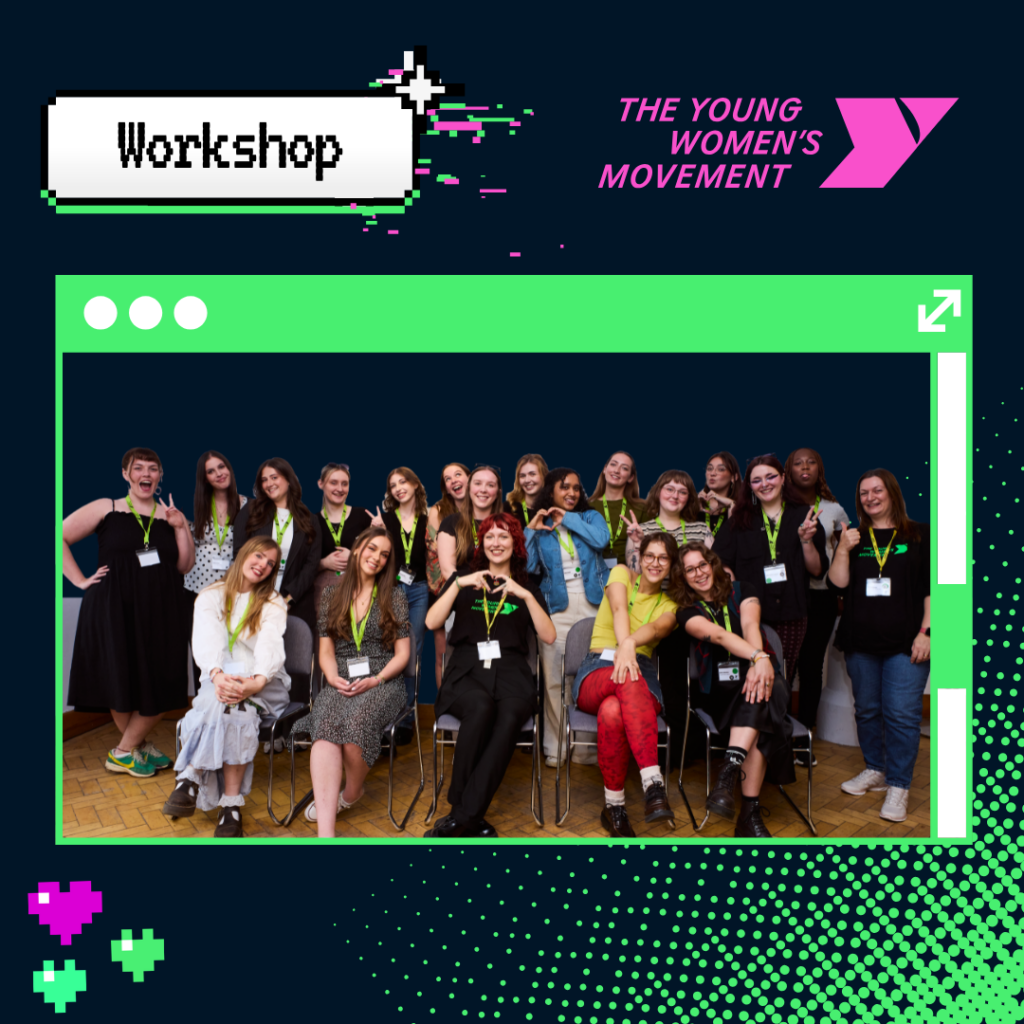 A group of young women inside a graphic that looks like a web screen.