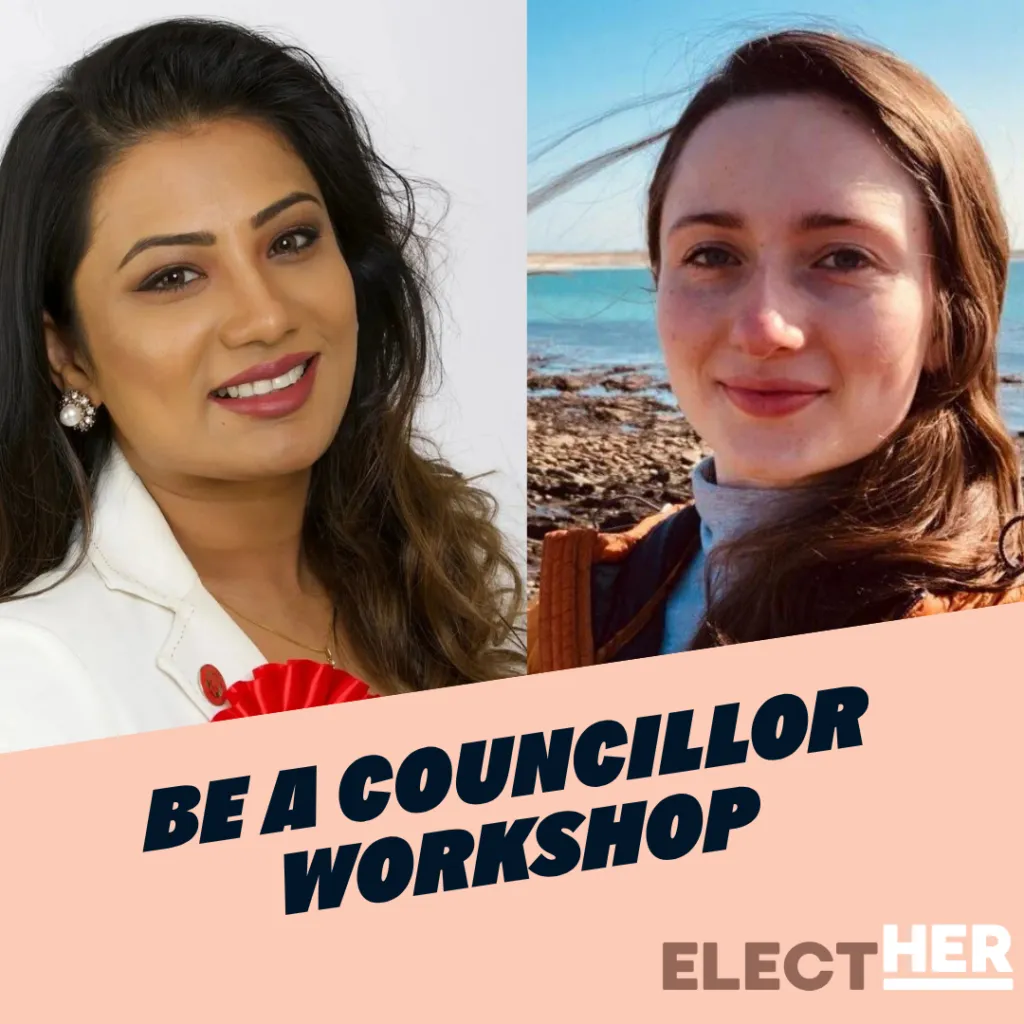 Two women smile at the camera. Text reads: Be a councillor workshop