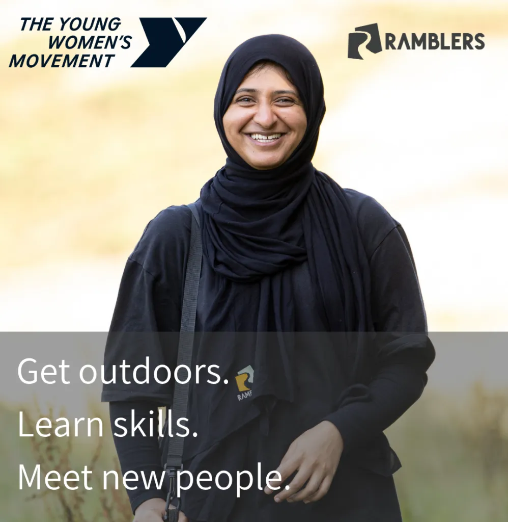 A young woman in a black hijab is smiling at the camera. Text reads: get outdoors, learn skills, meet new people